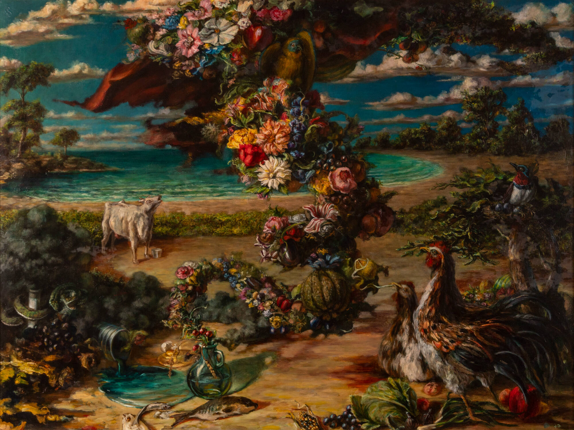 Birds, fish, cow chickens, snakes standing on a beach. Water can be seen in the background. A "pillar" of flowers stretches from the sand to the cloudy sky.
